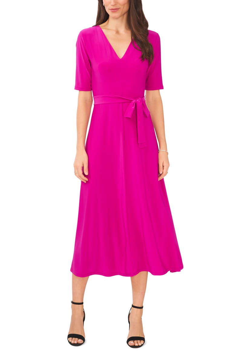 V-Neck Belted Midi Dress, Main, color, BERRY TART