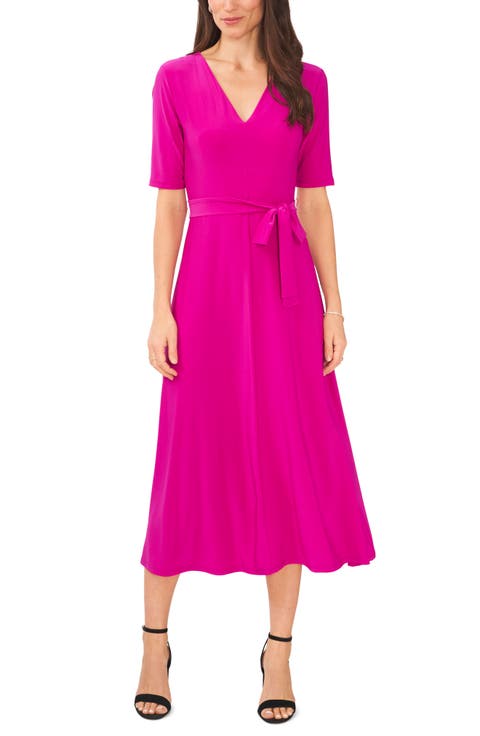 V-Neck Belted Midi Dress