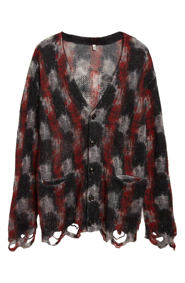 R13 Distressed Kid Mohair & Merino Wool Blend Boyfriend Cardigan, Alternate, color, Red/ Black/ White