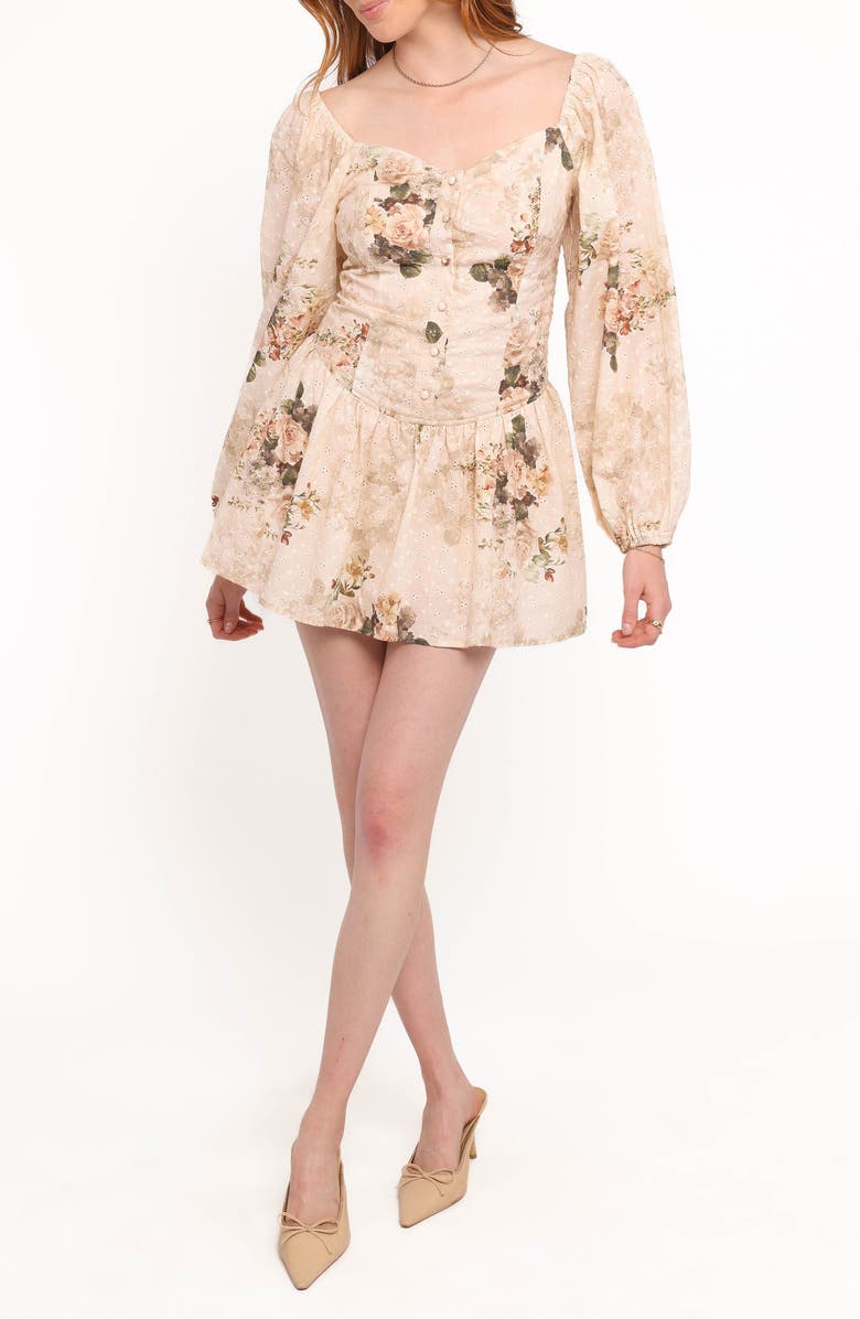 Petal & Pup Greta Floral Print Eyelet Romper, Main, color, Beige Floral