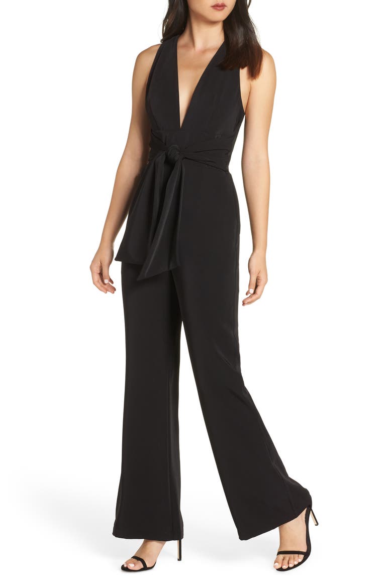 Plunge Neck Tie Waist Jumpsuit, Main, color, BLACK
