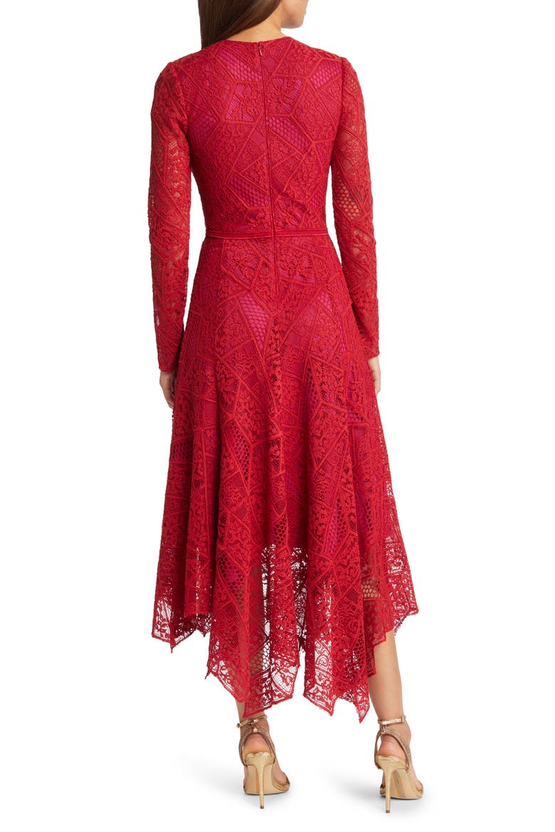Long Sleeve Lace Handkerchief Hem Midi Dress, Alternate, color, LAVA RED