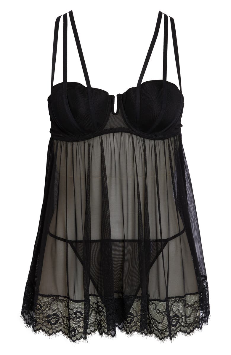 Black Bow Mercy Underwire Babydoll Chemise & G-String, Alternate, color,