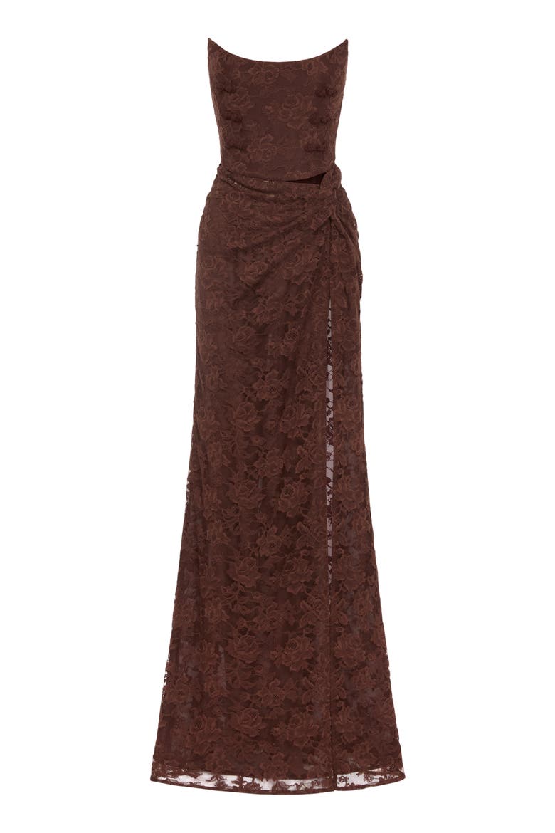 Julia Floral Lace Cutout Detail Cotton Blend Strapless Gown, Alternate, color, DARK WALNUT