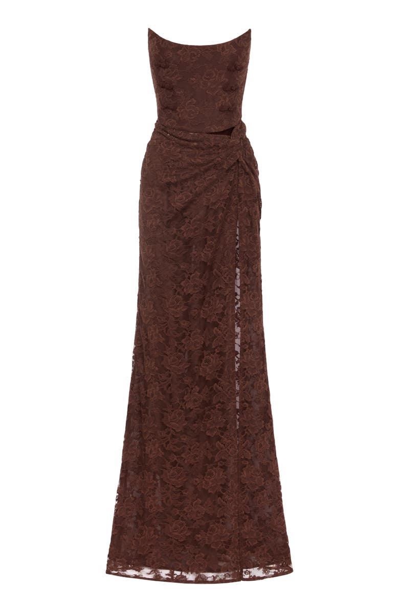 SAU LEE Julia Floral Lace Cutout Detail Cotton Blend Strapless Gown, Alternate, color, Dark Walnut