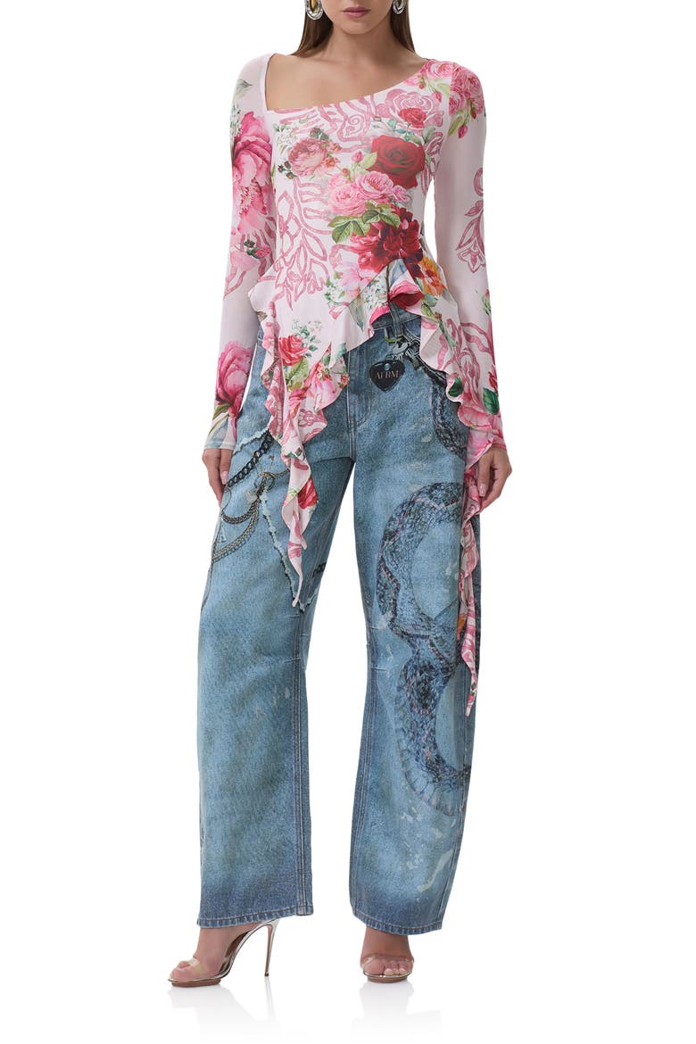 Doris Ruffle Asymmetric Mesh Top, Alternate, color, WING ROSE