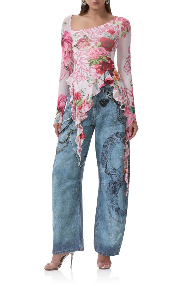 AFRM Doris Ruffle Asymmetric Mesh Top, Alternate, color, Wing Rose