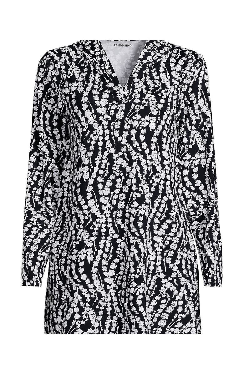 Lands' End Cotton Jersey Long Sleeve Hooded Swim Cover-up Dress, Alternate, color, Black/White Vine Floral