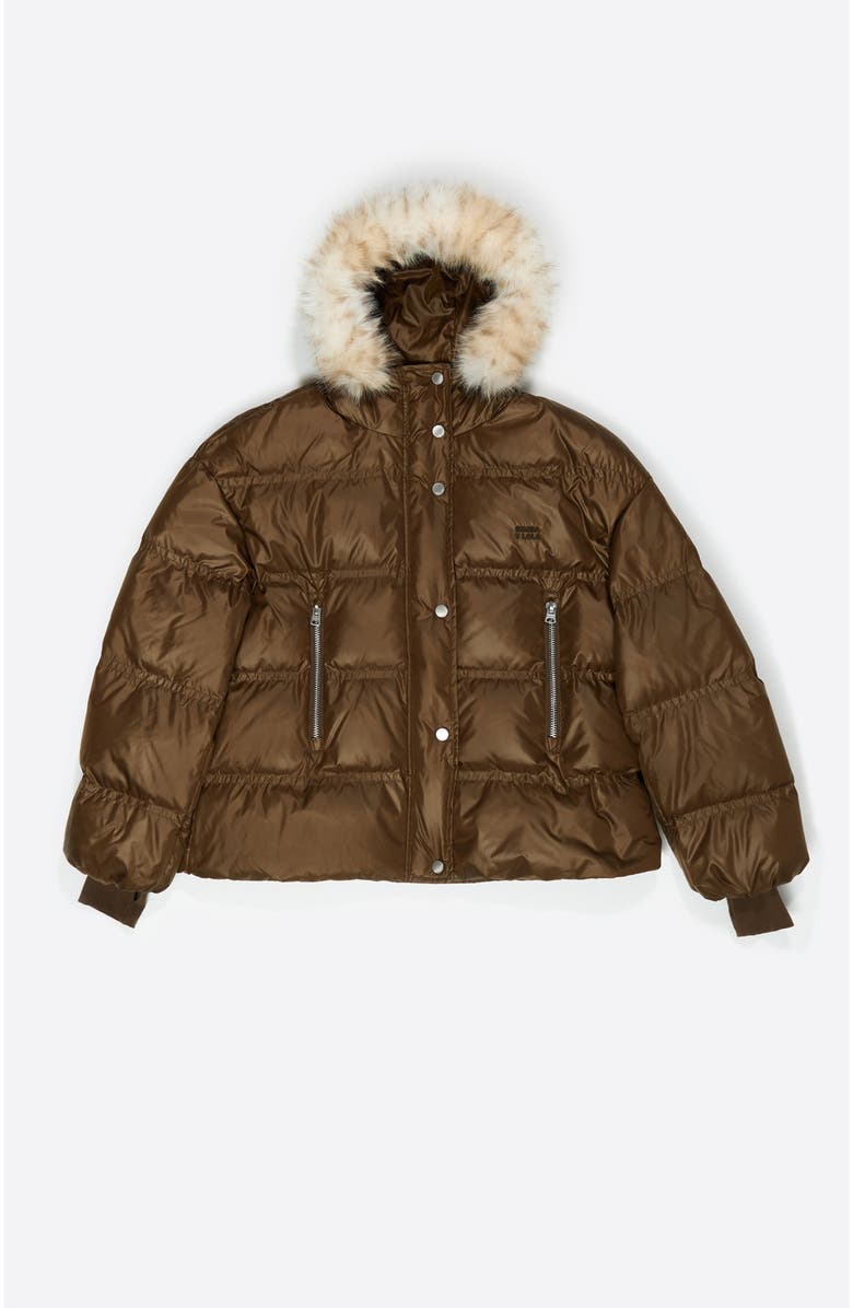 Bimba y Lola Short Fur Hooded Down Jacket, Alternate, color, Dark Olive