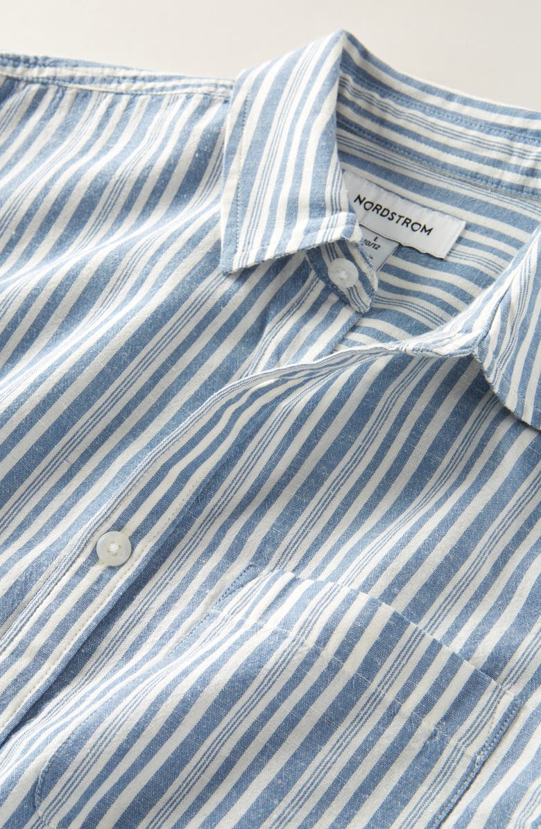 Nordstrom Kids
 Short Sleeve Cotton 
Linen Button-Up Shirt, Alternate, color, Blue Coronet Voyage Stripe