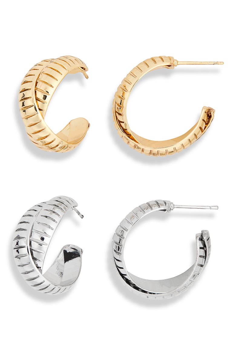 Set of 2 Textured Hoop Earrings, Main, color, SILVER-GOLD