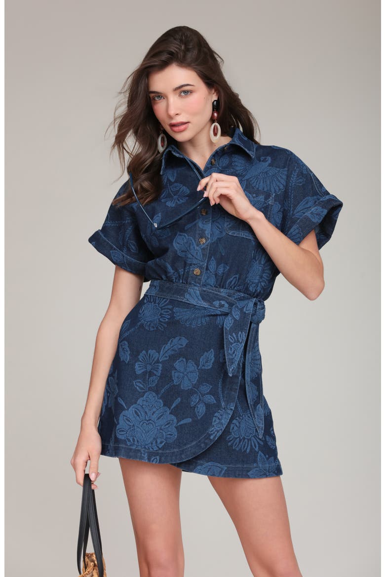 Floral Print Belted Denim Minidress, Alternate, color, PARROT FAN LASER PR