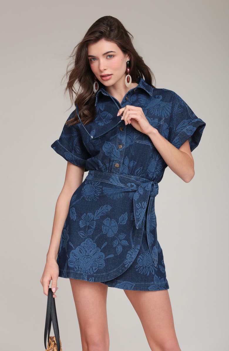 Avec Les Filles Floral Print Belted Denim Minidress, Alternate, color, Parrot Fan Laser Pr