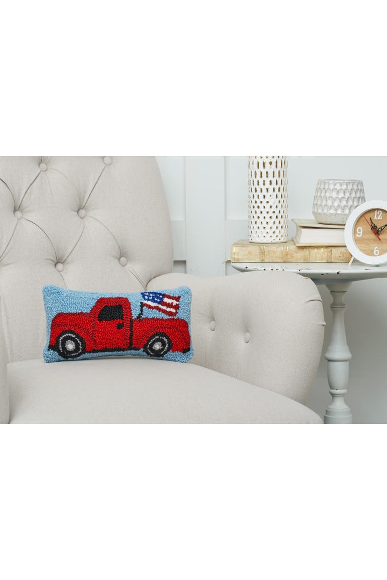 Patriotic Retro Red Pickup Truck w/ Waving American Flag Hooked Mini Accent Pillow, 6" x 12", Alternate, color, Red