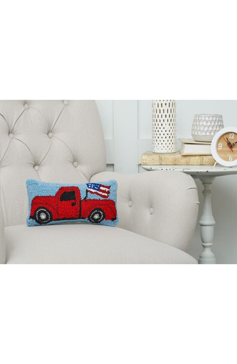 C&F Home Patriotic Retro Red Pickup Truck w/ Waving American Flag Hooked Mini Accent Pillow, 6" x 12", Alternate, color, Red