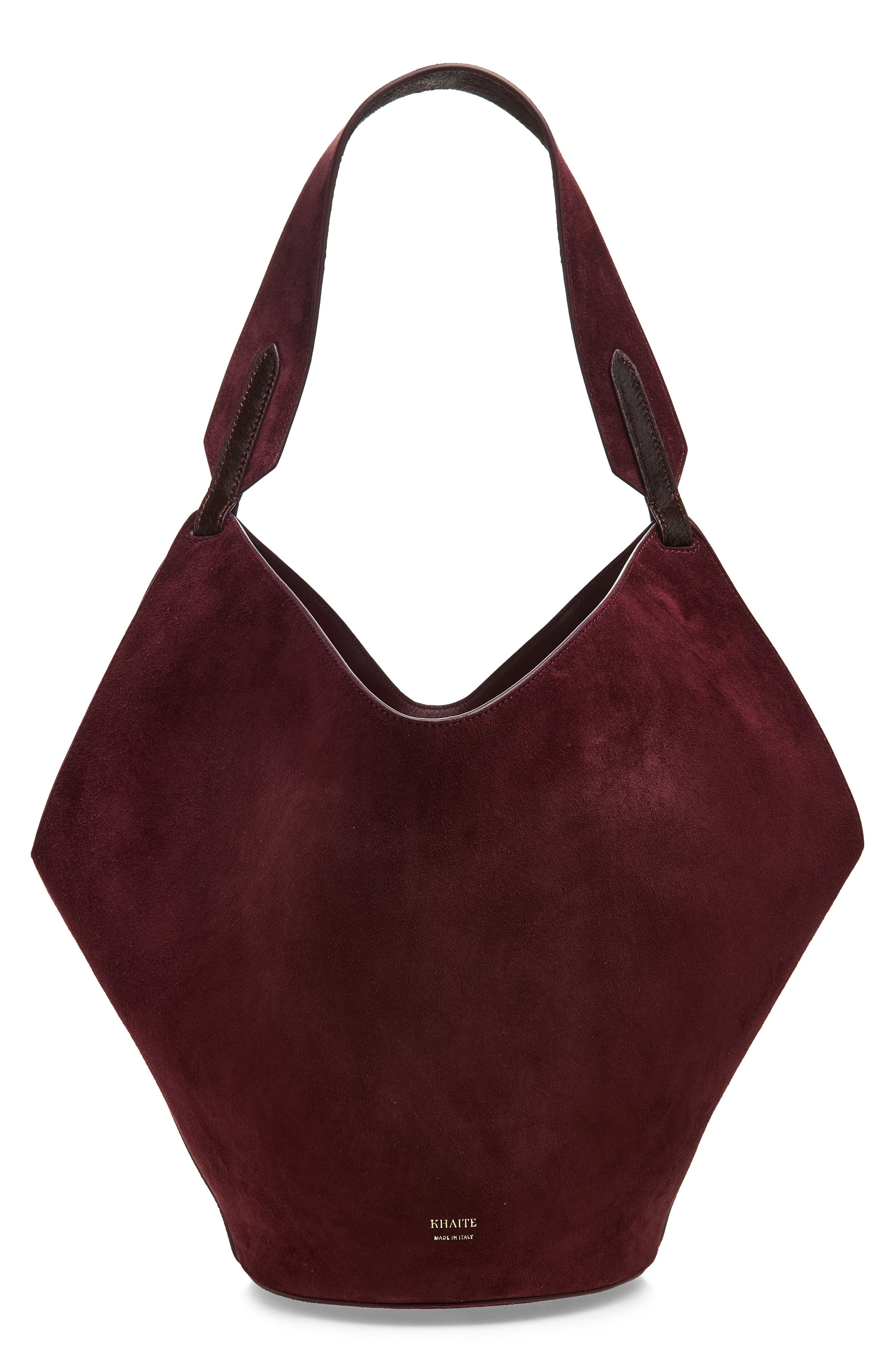 Khaite Small Lotus Suede & Genuine Calf Hair Bag, Main, color, Rouge Noir