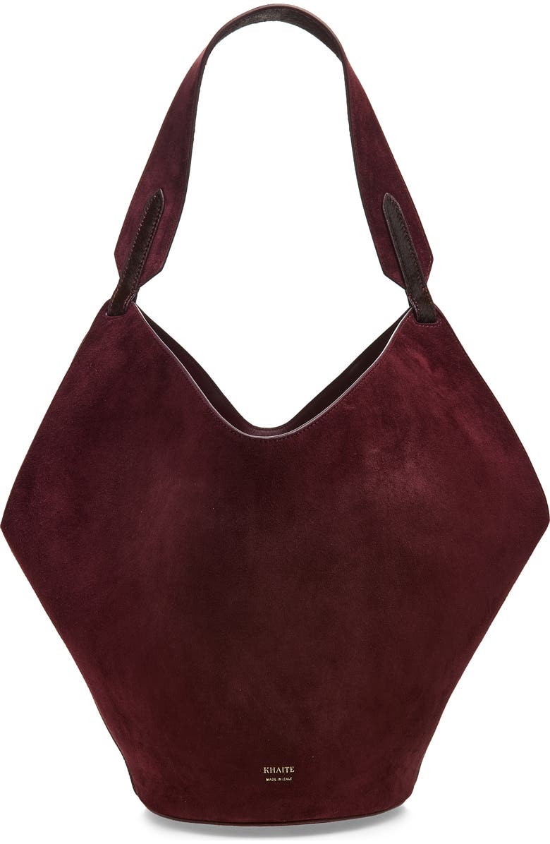 Khaite Small Lotus Suede & Genuine Calf Hair Bag, Main, color, Rouge Noir