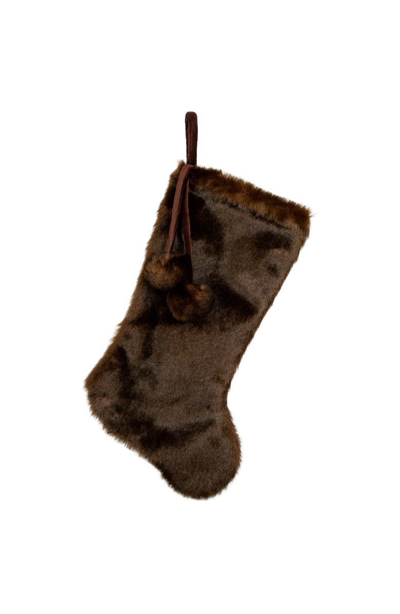Northlight Mink Faux Fur Christmas Stocking with Pom Poms - 20.5" - Brown, Main, color,