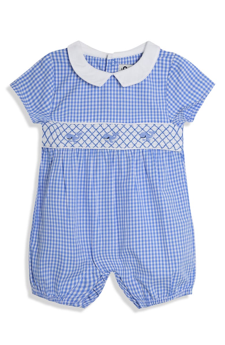 JOJO MAMAN BEBE Whale Embroidered Romper, Main, color, Blue