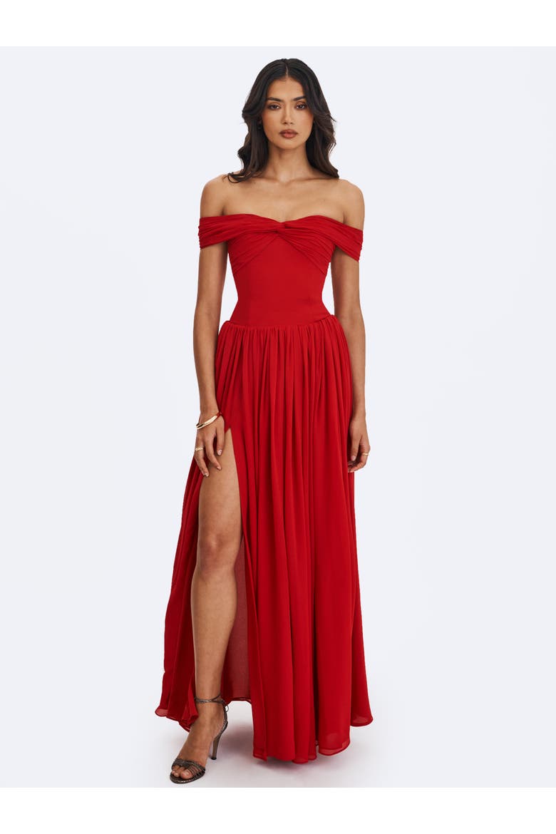 Tereza Georgette Bardot High-Slit Maxi Dress, Alternate, color, Red