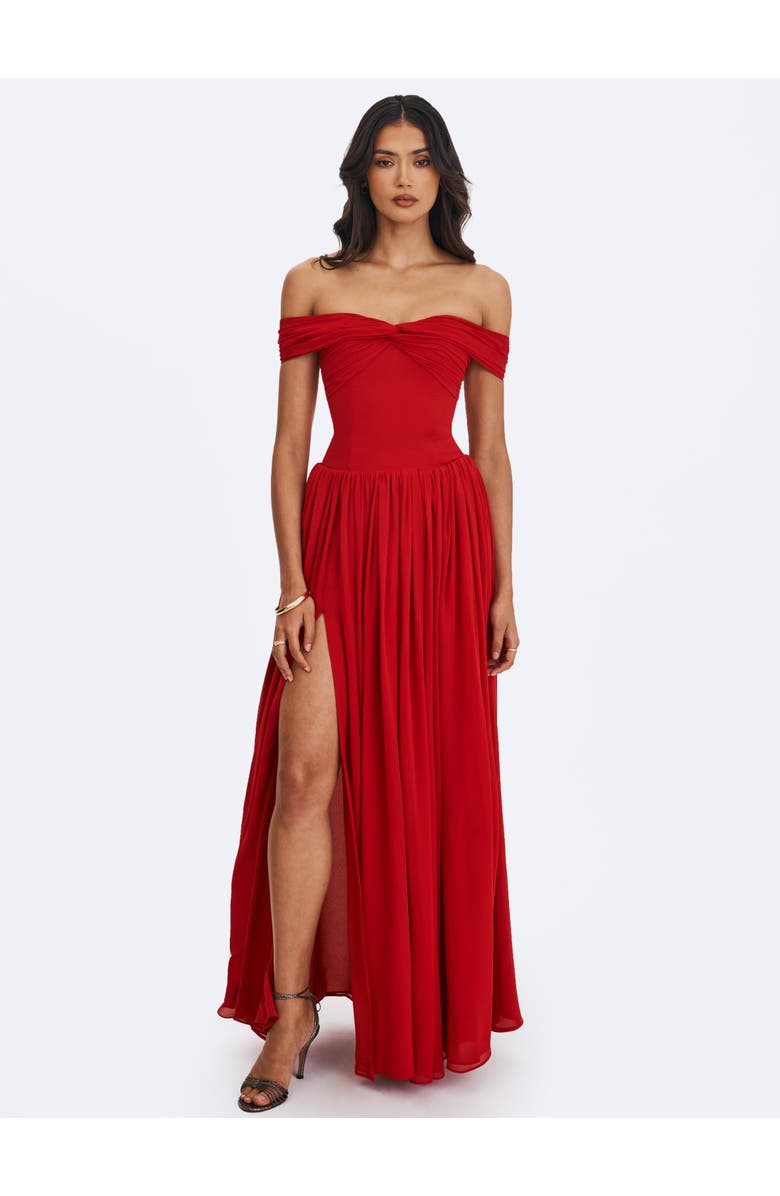Miss Circle Tereza Georgette Bardot High-Slit Maxi Dress, Alternate, color, Red