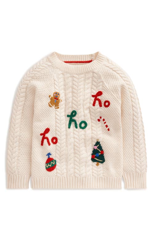 Mini Boden Kids' Festive Appliqué Cable Knit Cotton & Wool Blend Sweater in Ecru Marl 