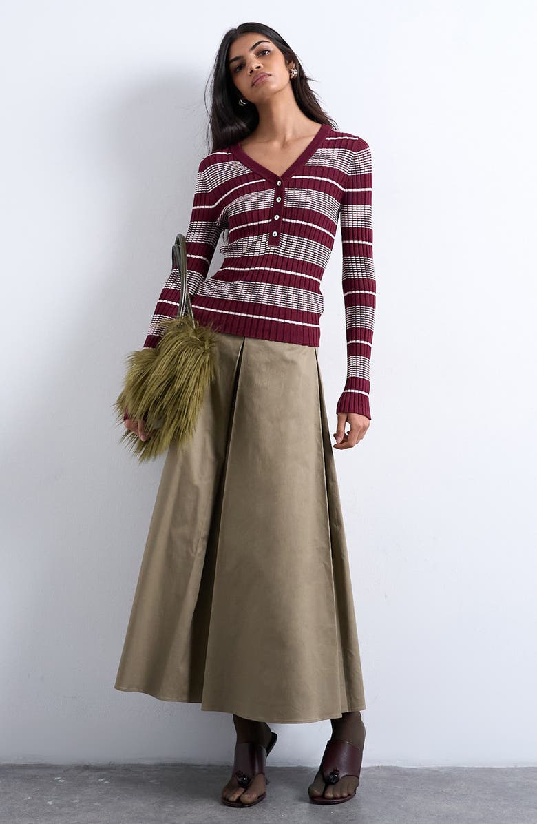 Topshop Stripe V-Neck Henley Sweater, Alternate, color, Burgundy