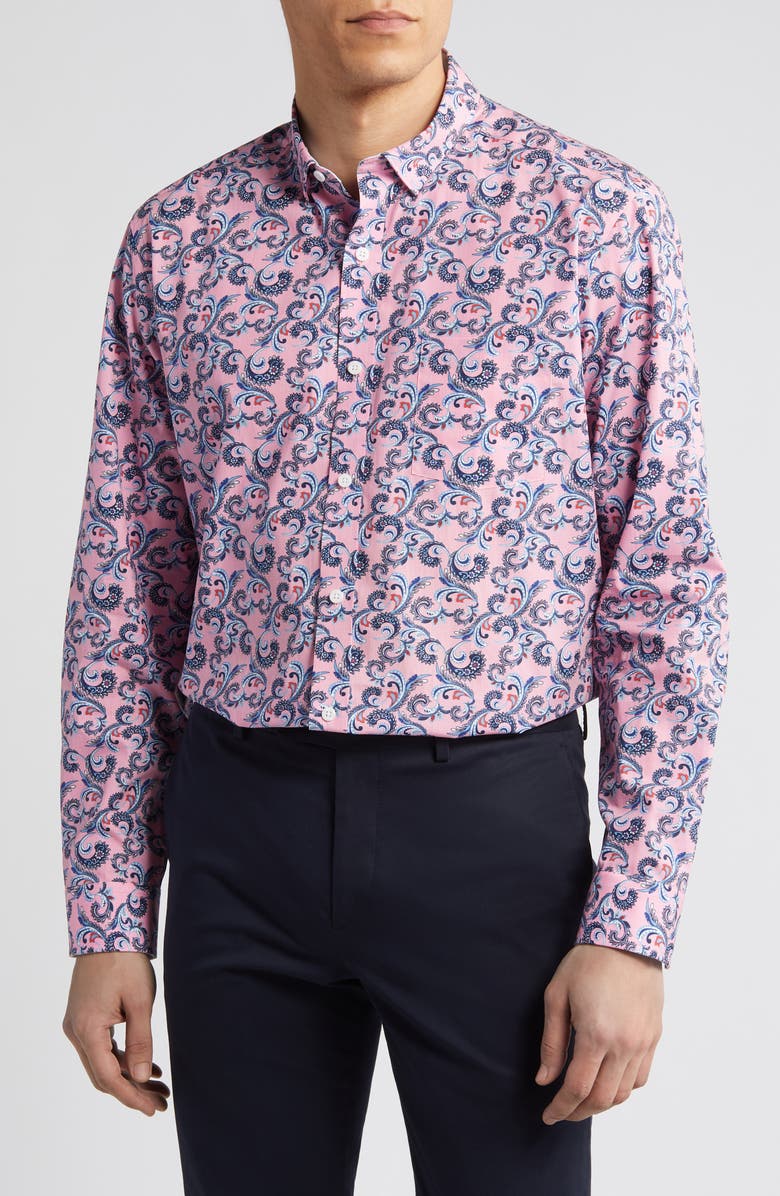 Johnston & Murphy Paisley Print Cotton Button-Up Shirt, Main, color, Pink