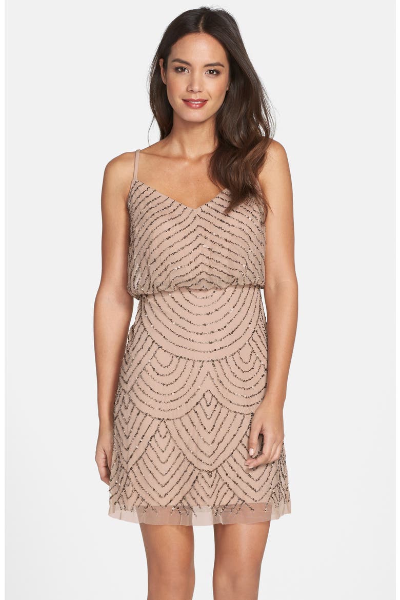 Sequin Mesh Blouson Dress, Alternate, color, TAUPE/ PINK