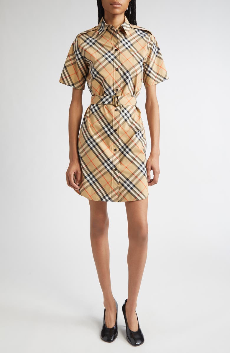 Burberry Check Cotton Belted Shirtdress, Main, color, Sand Ip Check
