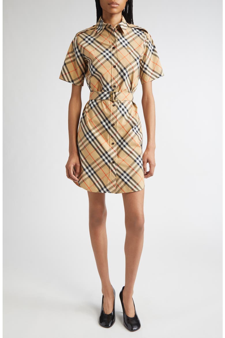 vintage check cotton tie-waist shirt dress Burberry Vintage Check Cotton Mini Shirt Dress with Drawstring Waist - Beige | 8123248