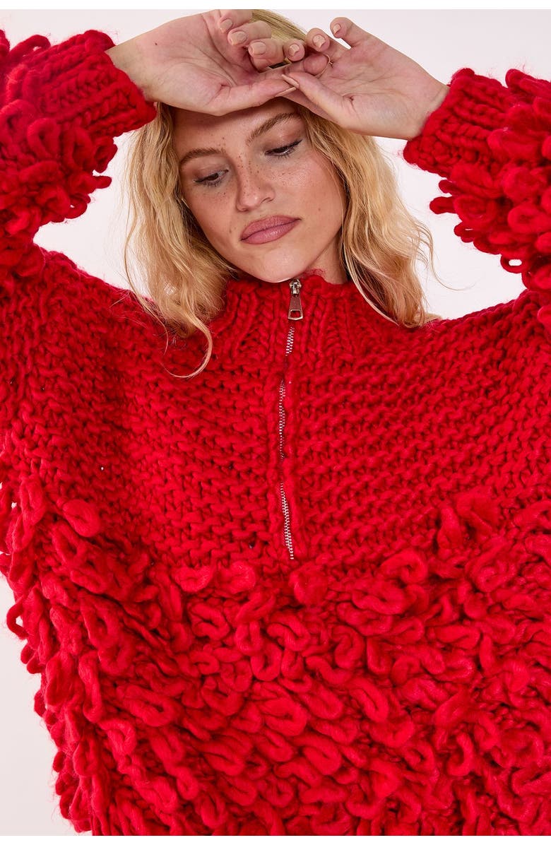 NASTY GAL Loopy Quarter Zip Sweater, Alternate, color, Red