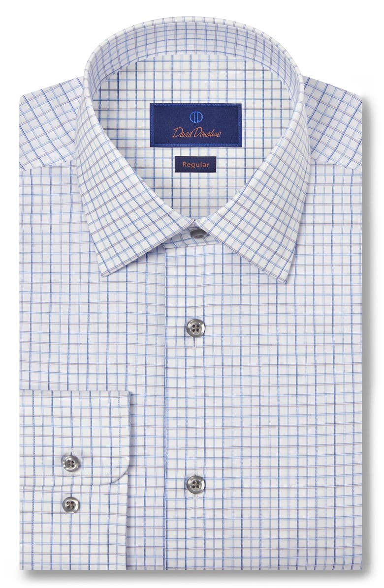 David Donahue Regular Fit Twill Windowpane Dress Shirt, Main, color, White/ Blue