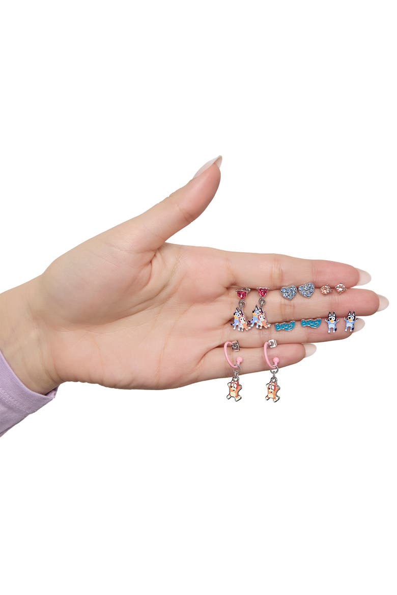 Earrings Set 6 Pairs Official License, Fashion Studs, Hoops, and Bluey and Bingo Dangle Charm Earrings with Crystals, Alternate, color, Multicolored