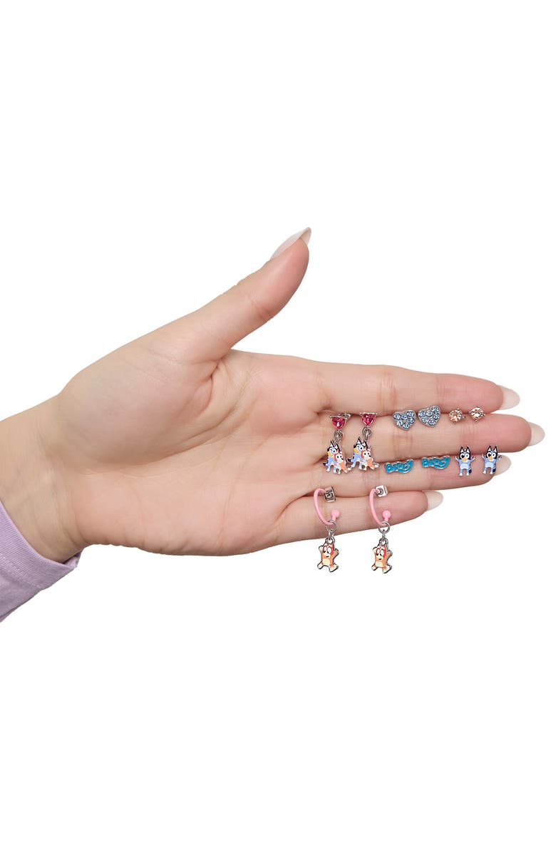 BLUEY Earrings Set 6 Pairs Official License, Fashion Studs, Hoops, and Bluey and Bingo Dangle Charm Earrings with Crystals, Alternate, color, Multicolored