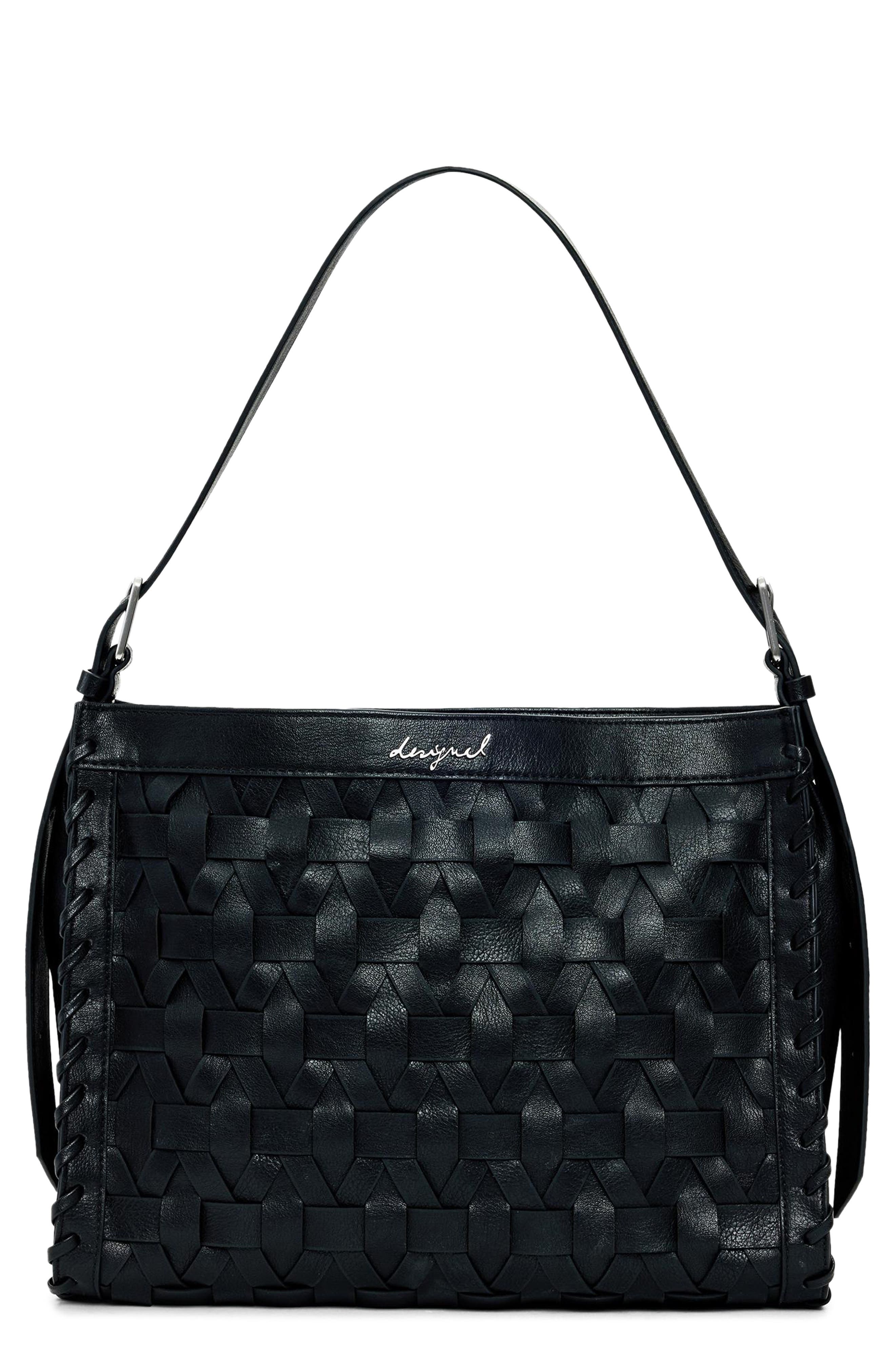 Desigual Woven Faux Leather Shoulder Bag, Main, color, Black