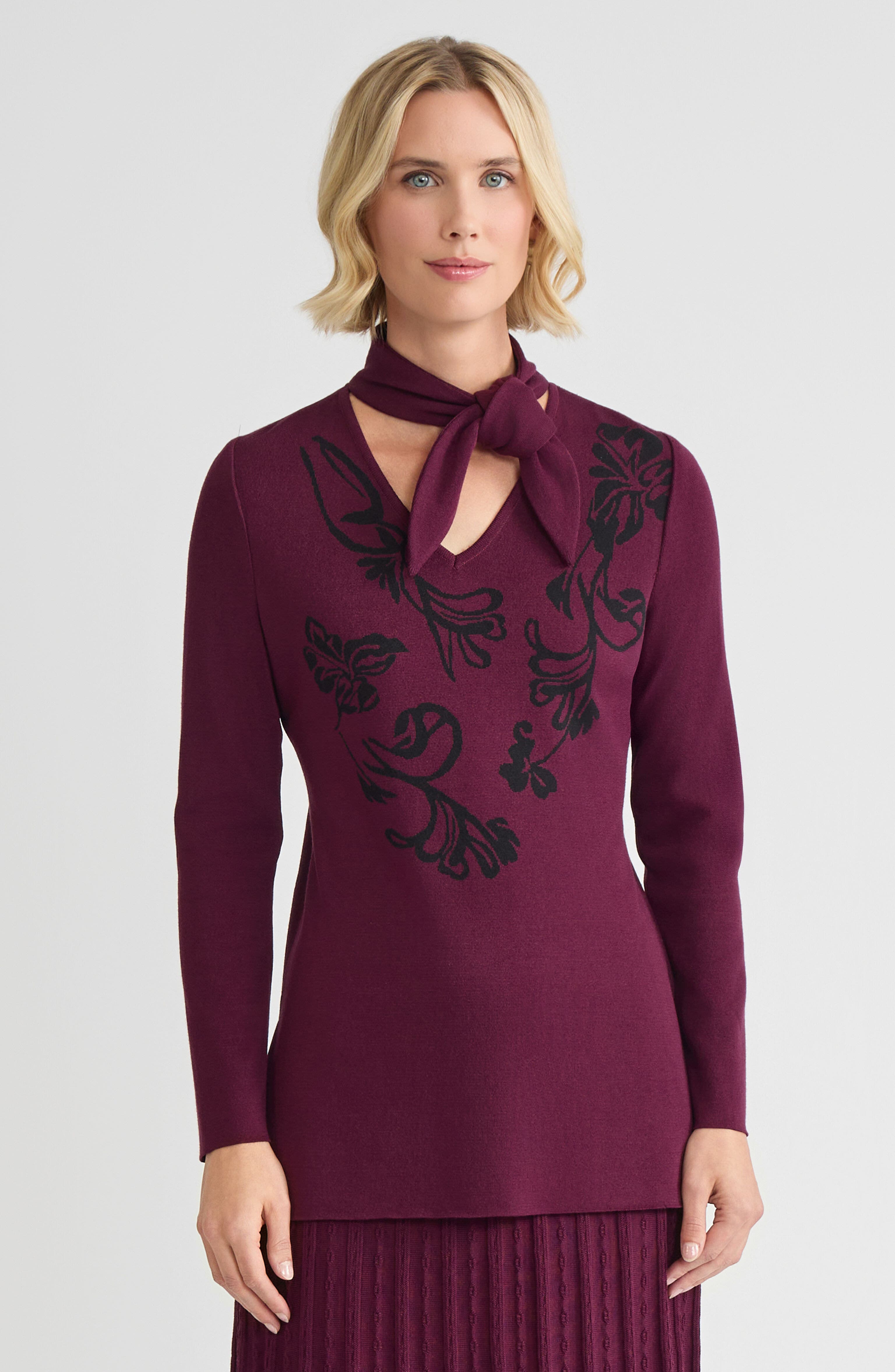 Tie-Neck Floral Jacquard Soft Knit Tunic