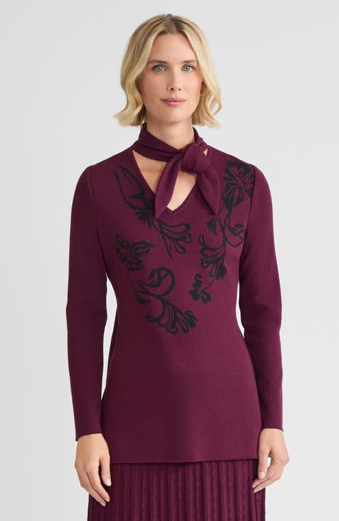 Ming Wang Tie-Neck Floral Jacquard Soft Knit Tunic