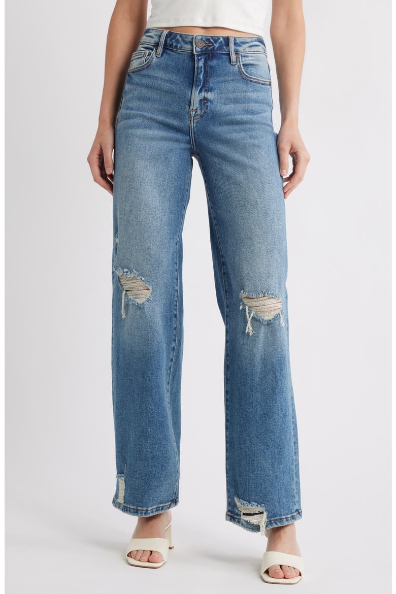High Waist Distressed Wide Leg Dad Jeans, Main, color, MED.WASH