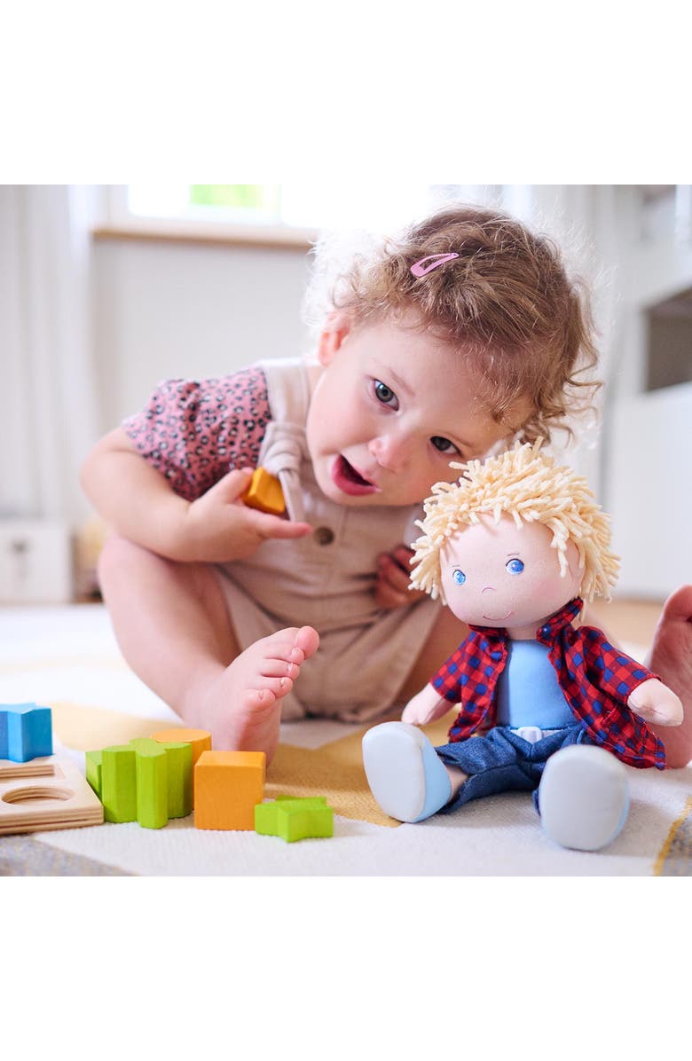 HABA Nick 12" Soft Doll - Baby Boy Doll with Blonde Hair and Blue Eyes (Machine Washable) Perfect Plush Toy for 18 Months & Up, Alternate, color, Red Multi