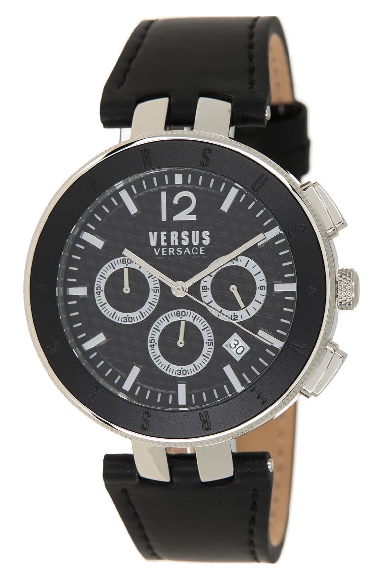 Versace Men's Logo Gent Chrono Leather Strap Watch, 44mm, Main, color, STAINLESS STEEL