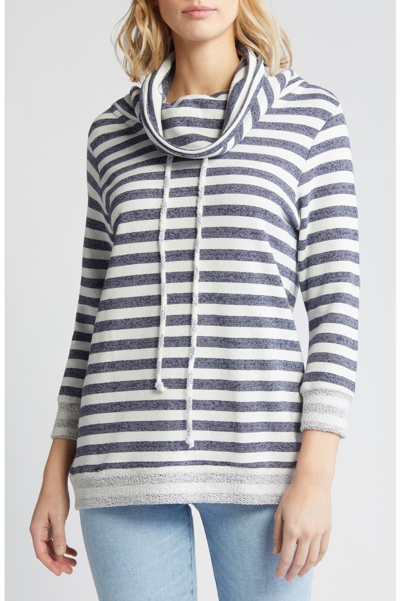 Cowl Tie Stripe Pullover, Main, color, NAVY WHITE