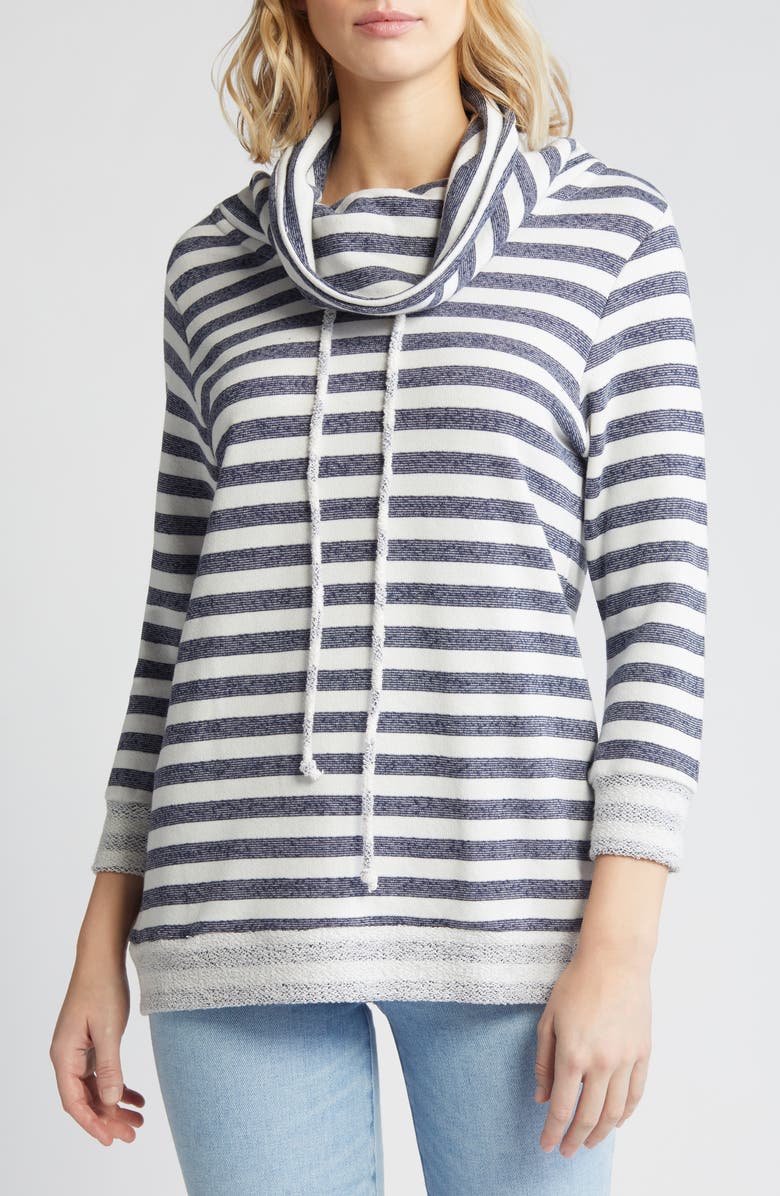 Loveappella Cowl Tie Stripe Pullover, Main, color, Navy White