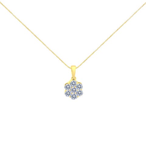 14K Yellow Gold 1.00 Cw Diamond 7 Stone Floral Cluster Pendant Necklace