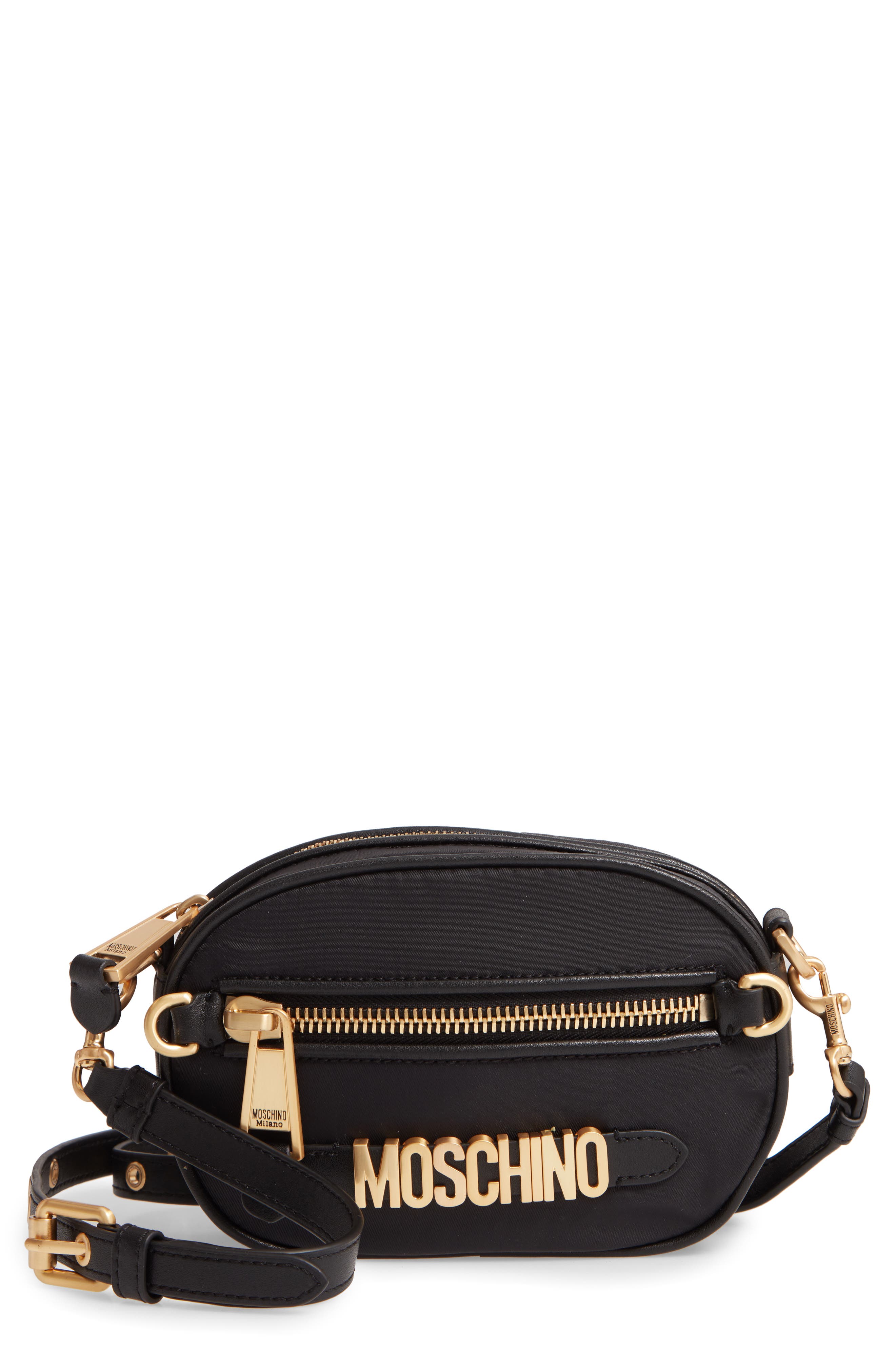 Moschino Logo Leather Crossbody Bag, Main, color, 