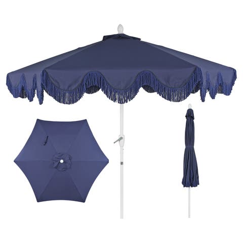 Collins 9 ft. Classic Cottage Fringe Tassel Market Patio Umbrella with Auto-Tilt Crank