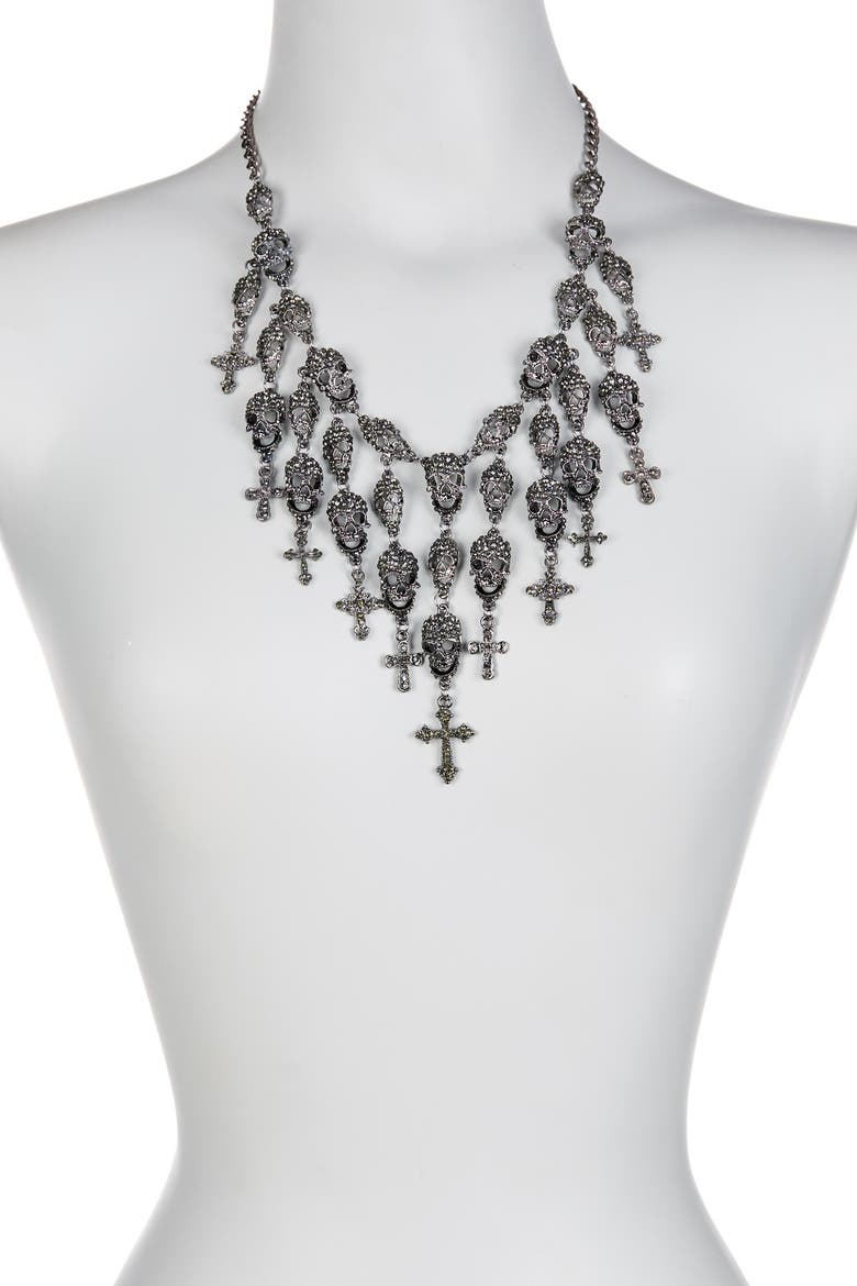 Skully Fringe Necklace, Alternate, color, DARK SILVER