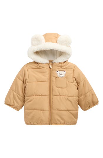 Wippette Babies'  3d Bear Appliqué Hooded Puffer Jacket In Brown