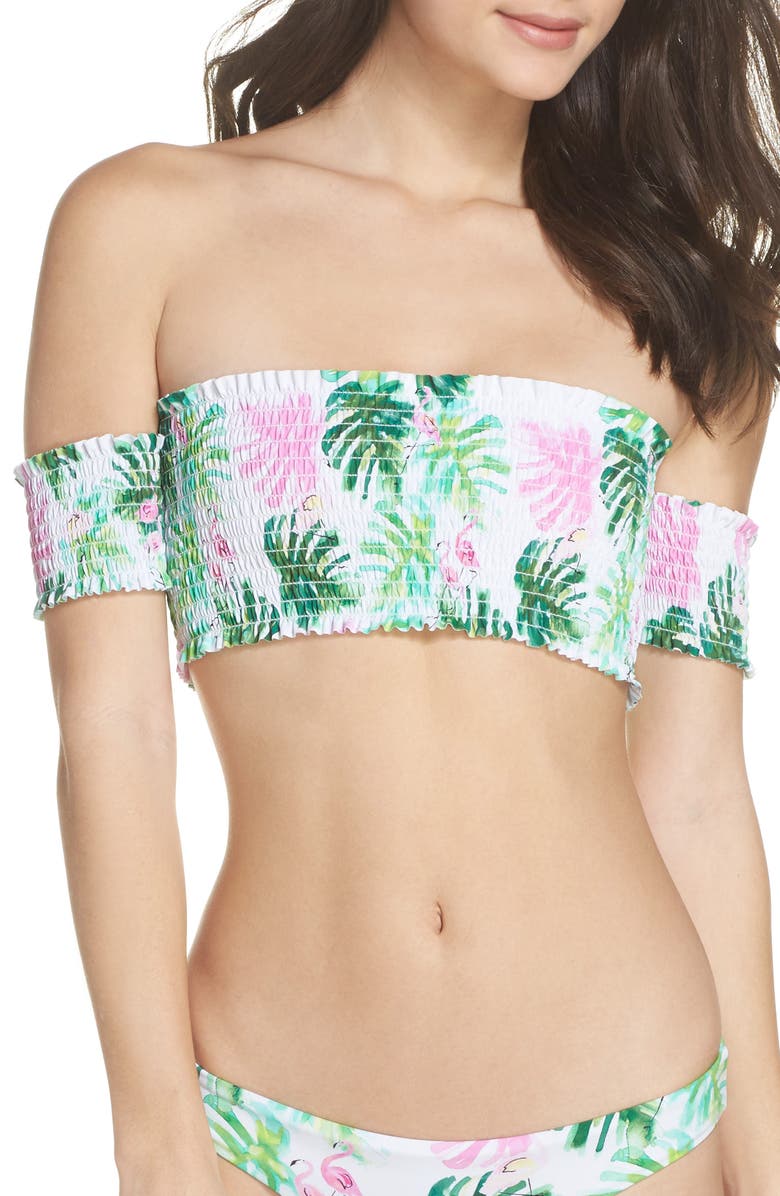 PilyQ Smocked Off the Shoulder Bikini Top, Main, color, 