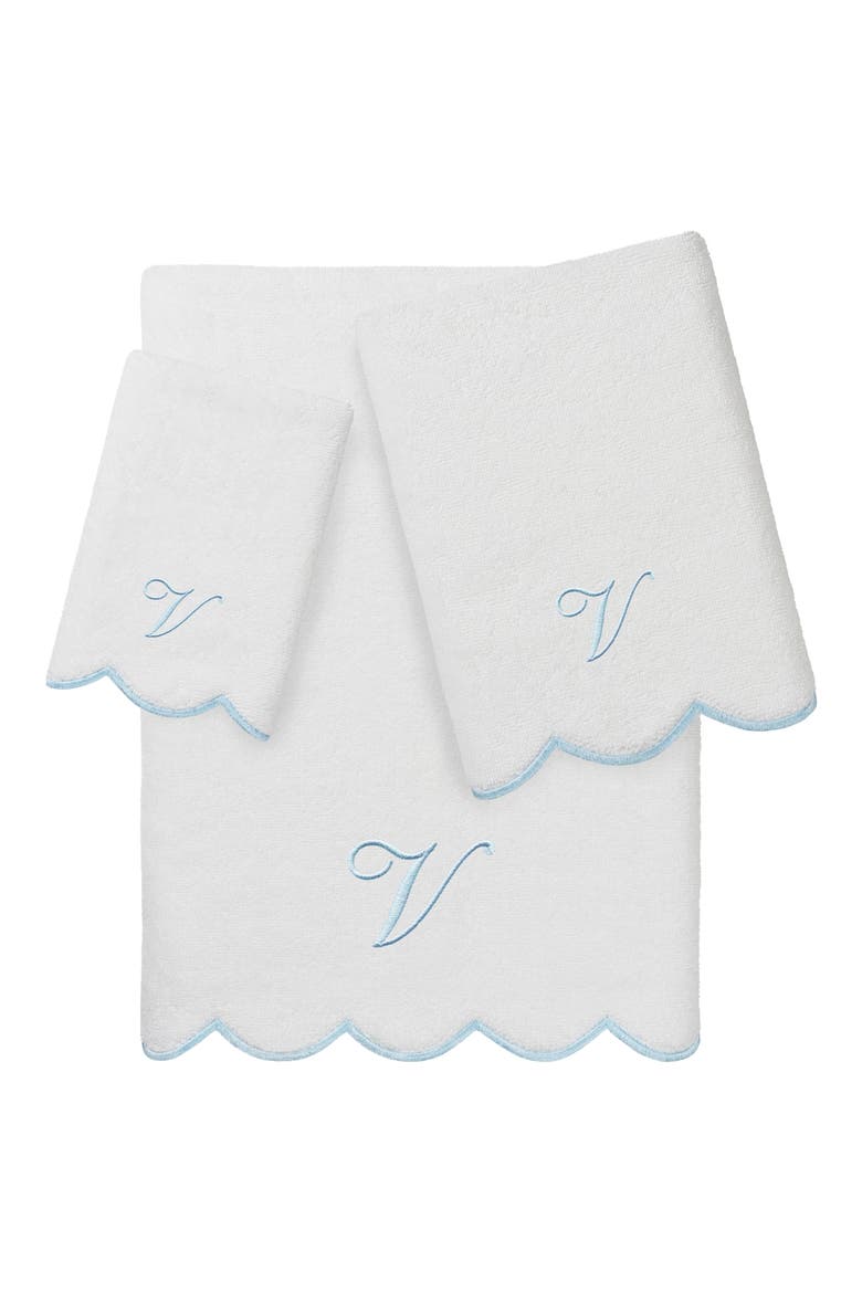 Adornia Scallop Personalized 3-Piece Towel Set, Main, color, WHITE/ BLUE V